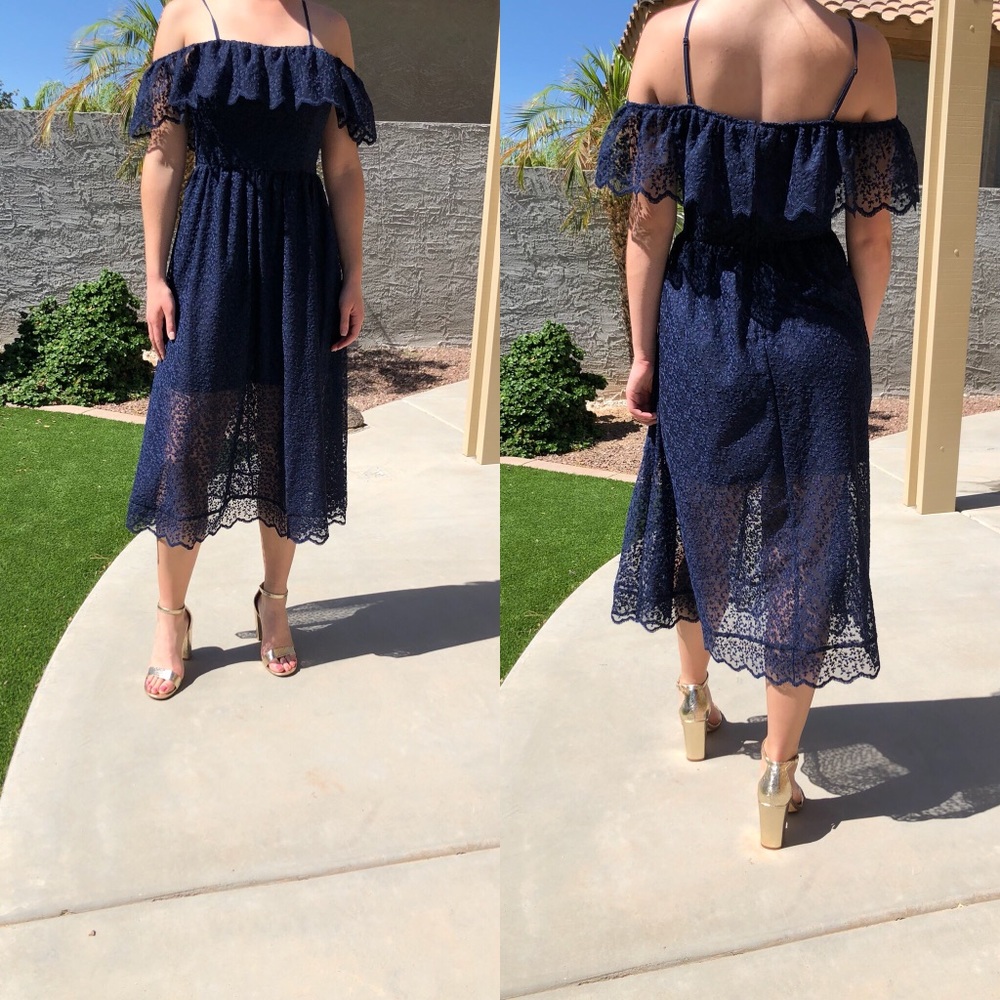 Navy Blue Off-Shoulder Lace Dress